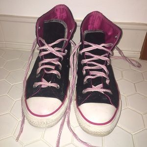 Pink and black velvet high top converse