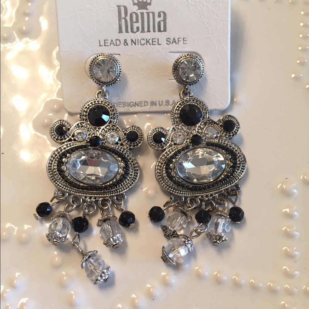 Silver and black CZ Chandelier Earrings