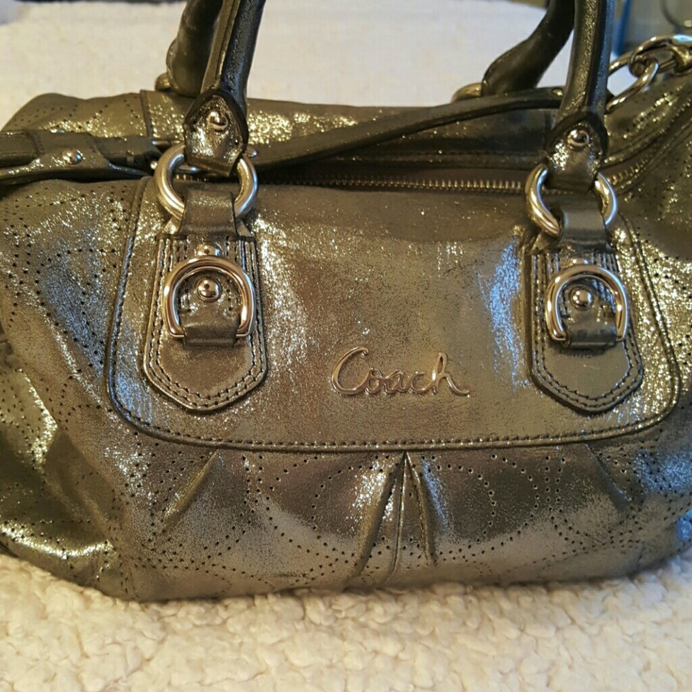 Silver Metallic Signature COACH Handbag