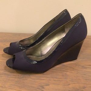 Navy Peep Toe Wedge Pumps