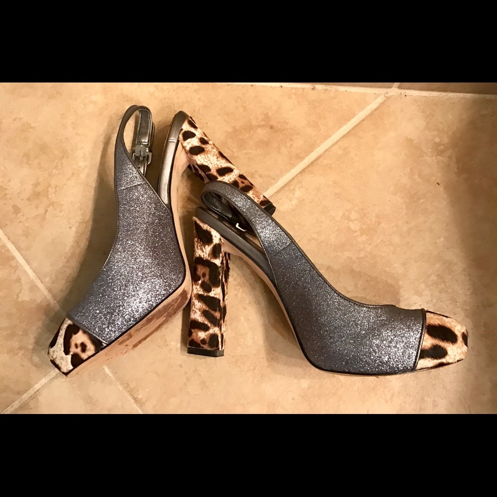 Sam Edelman silver sparkle and leopard heels Sz 8
