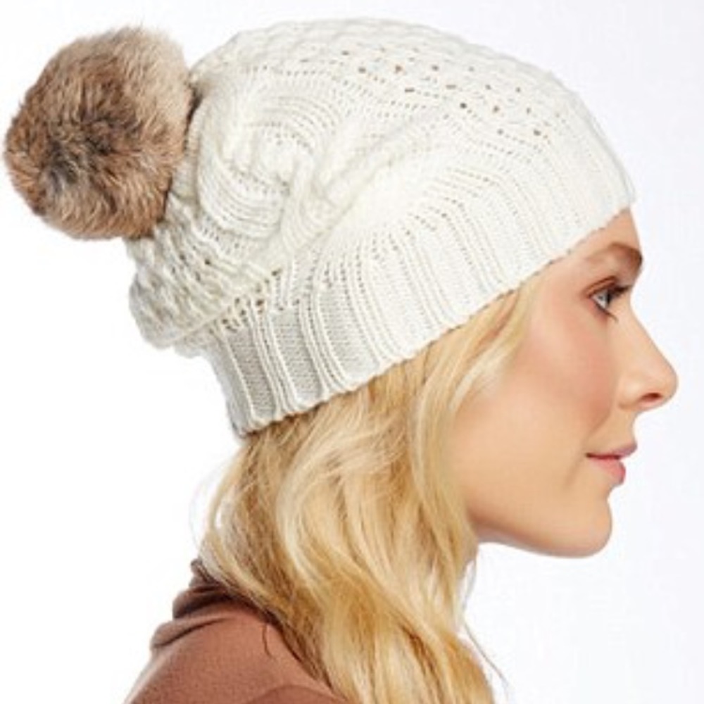 Genuine Rabbit Pom Pom Cable-Knit Beanie