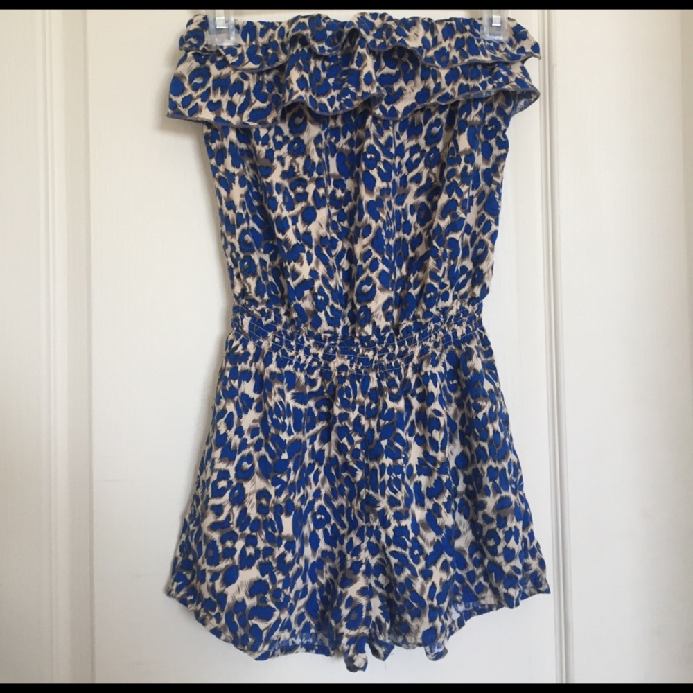 Blue Leopard Print Strapless Romper