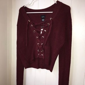 Wine Red Cropped Lace Up Long Sleeve Sweater