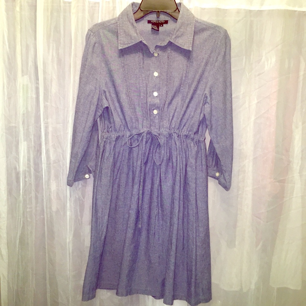 3/4 sleeve, button down tunic in light denim blue