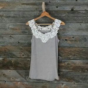 Grey with creme flower embroidery tank top
