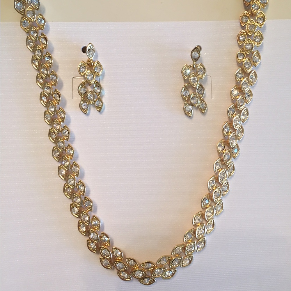 Gold Tone CZ Elegant Necklace and Earring Set