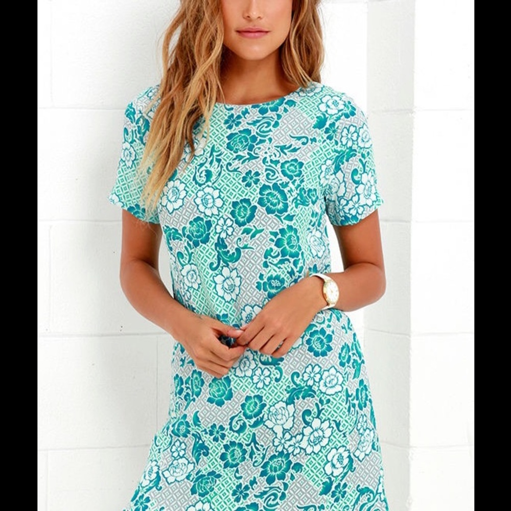 LUCY LOVE TURQUOISE PRINT SHIFT DRESS NWT