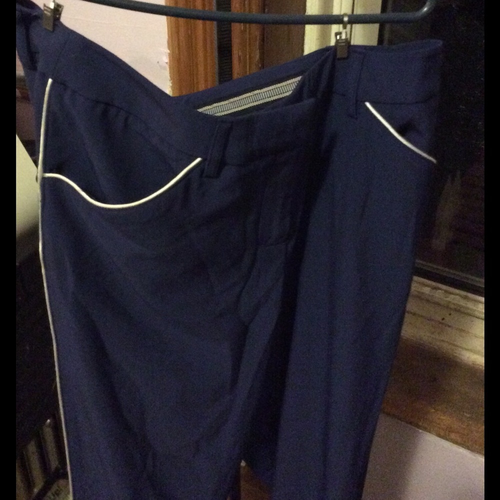 Straight leg navy slacks with white stripe