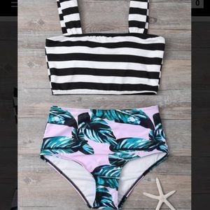 Tropical Print Striped Bikini
