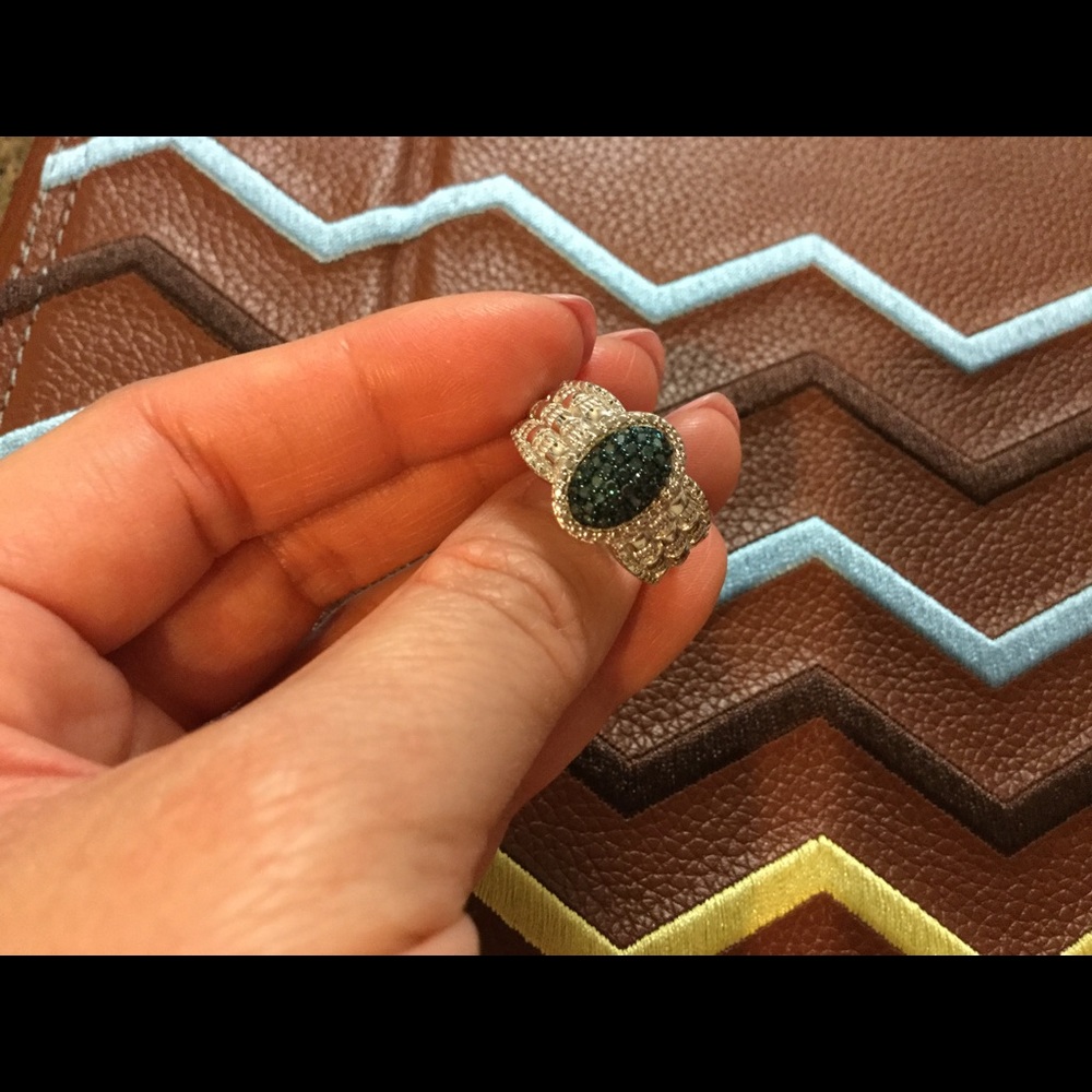Pave Oval Genuine Blue Diamond Ring Sterling Silvr