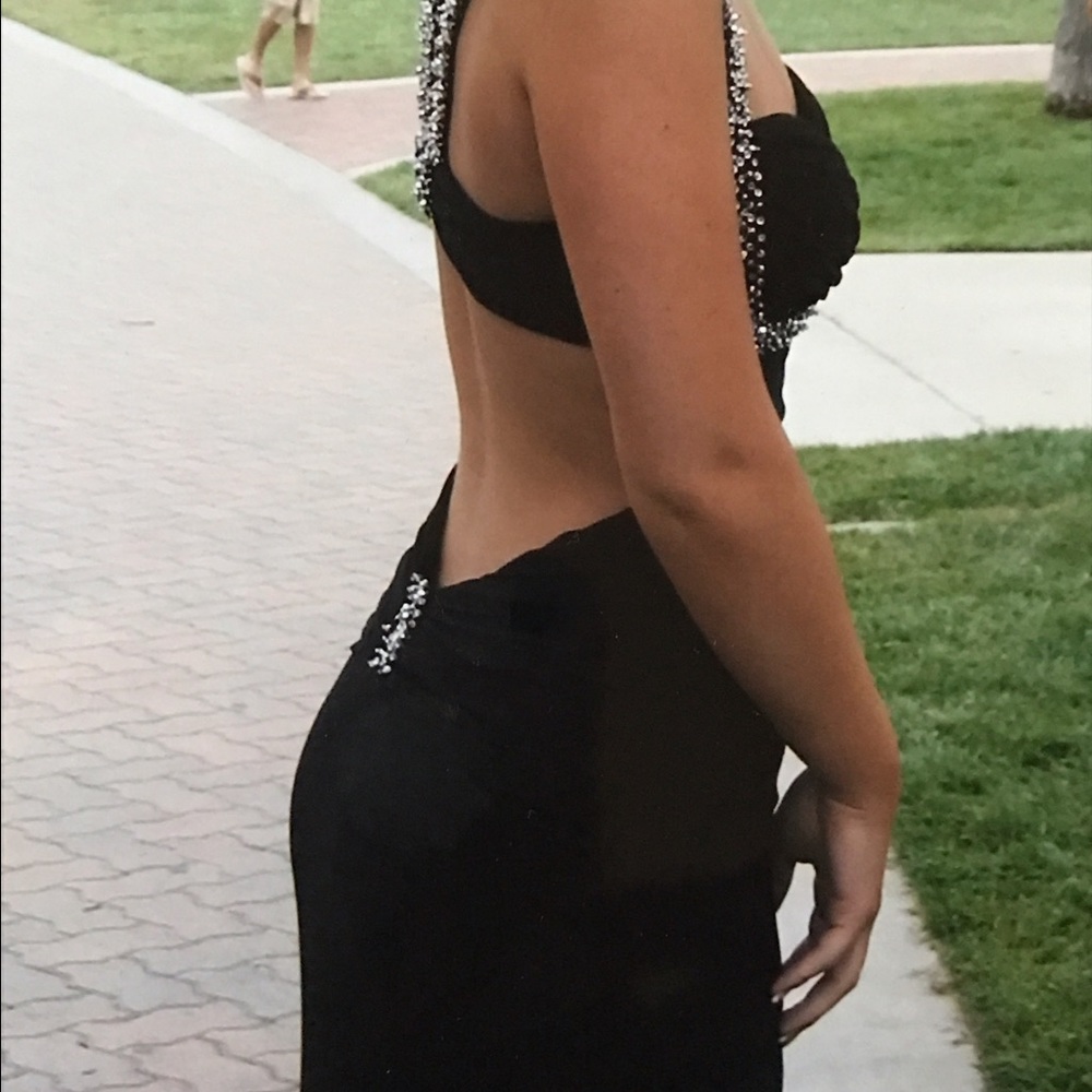 Long formal, black gown w/ rhinestones