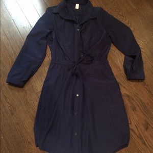 Navy Cinch Waist Button Down Dress