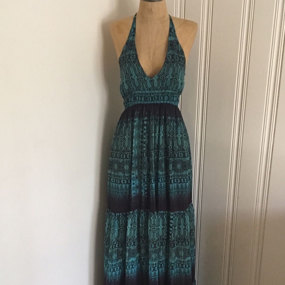 ❌SOLD❌ Navy & Teal patterned chiffon maxi dress M