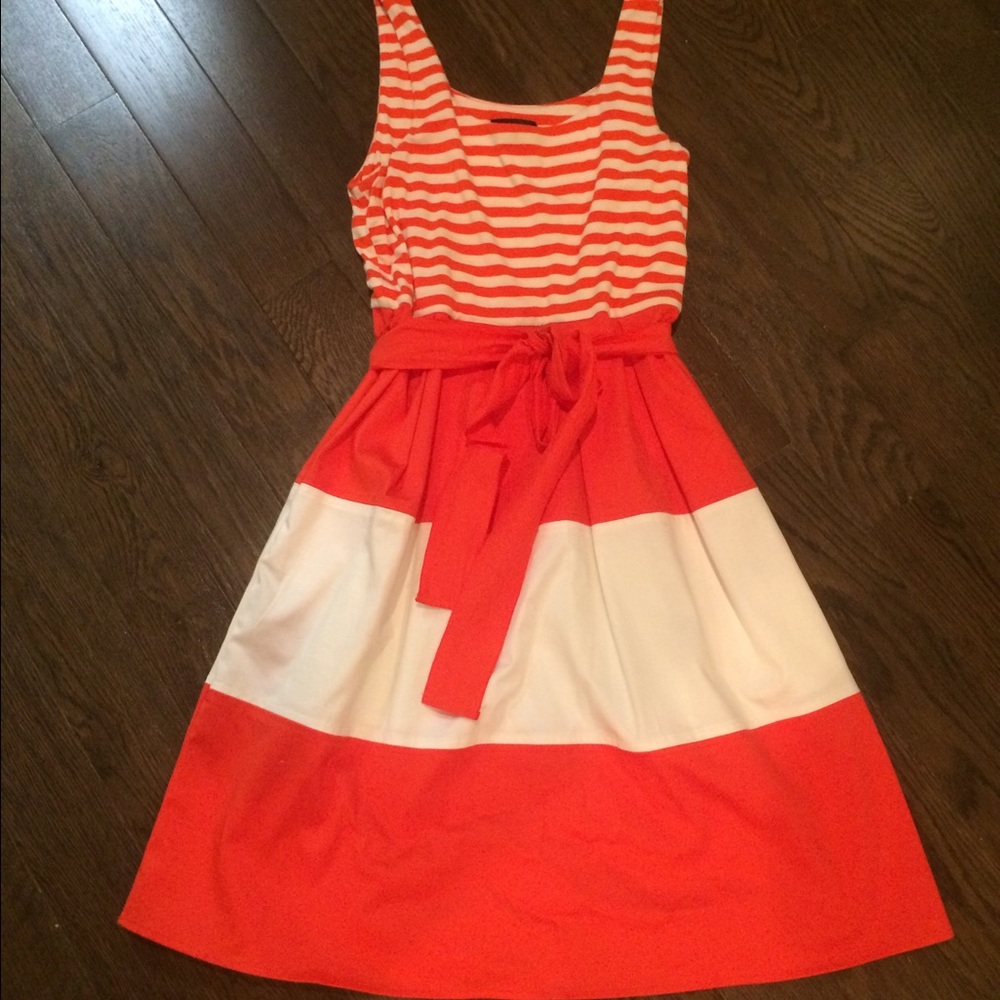 Orange Striped Tie Waist Dress