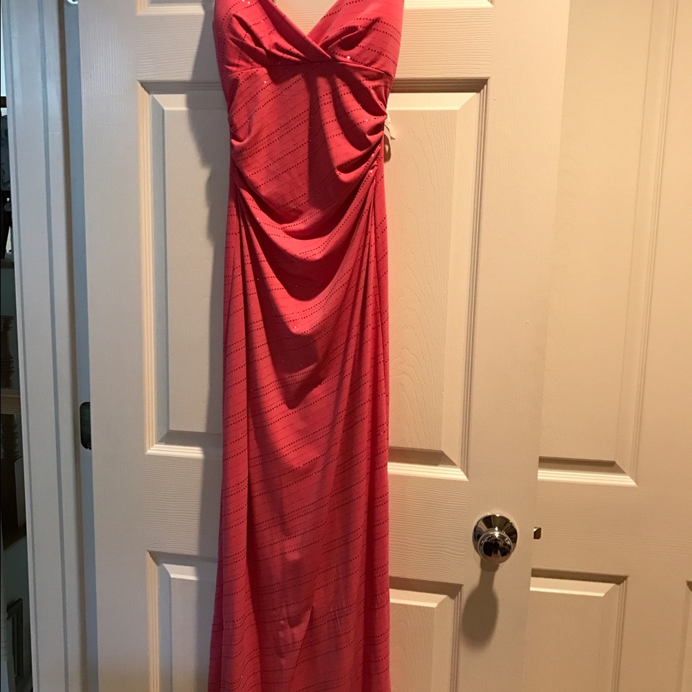 Long, spaghetti strap, pink sparkle gown
