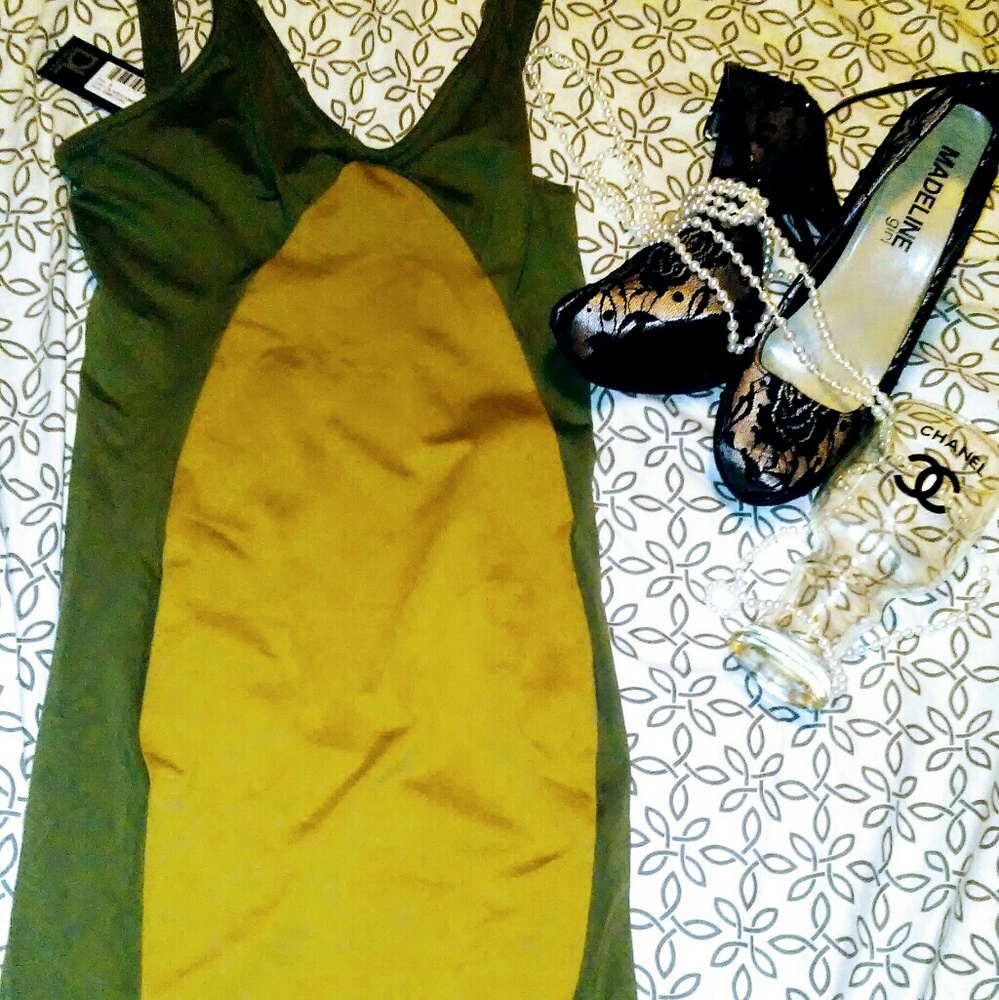David Lerner olive and camel mini bodycon dress