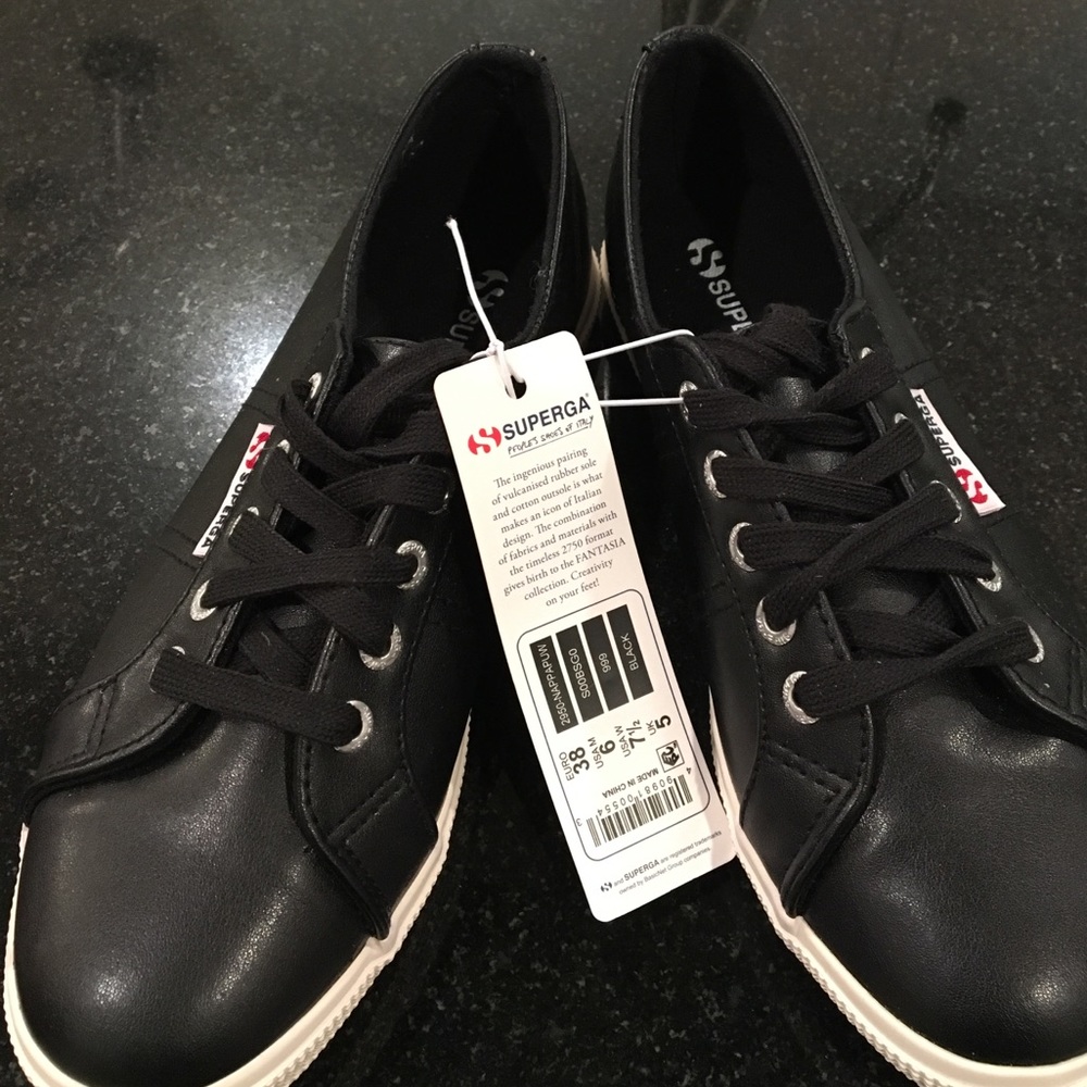 Brand New Superga Black Faux Leather Sneakers