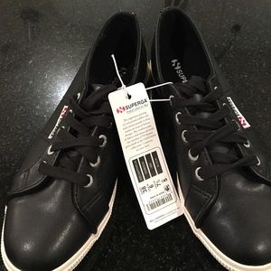 Brand New Superga Black Faux Leather Sneakers