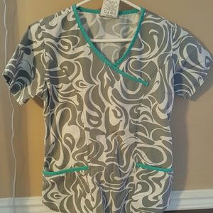 Small gray and teal scrub top