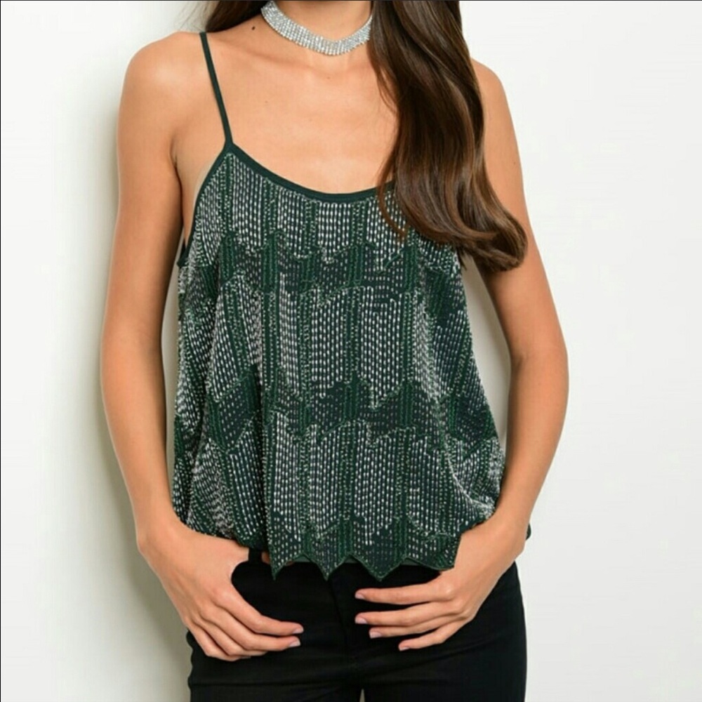 Stunning Forest Green Beaded Chiffon Tank