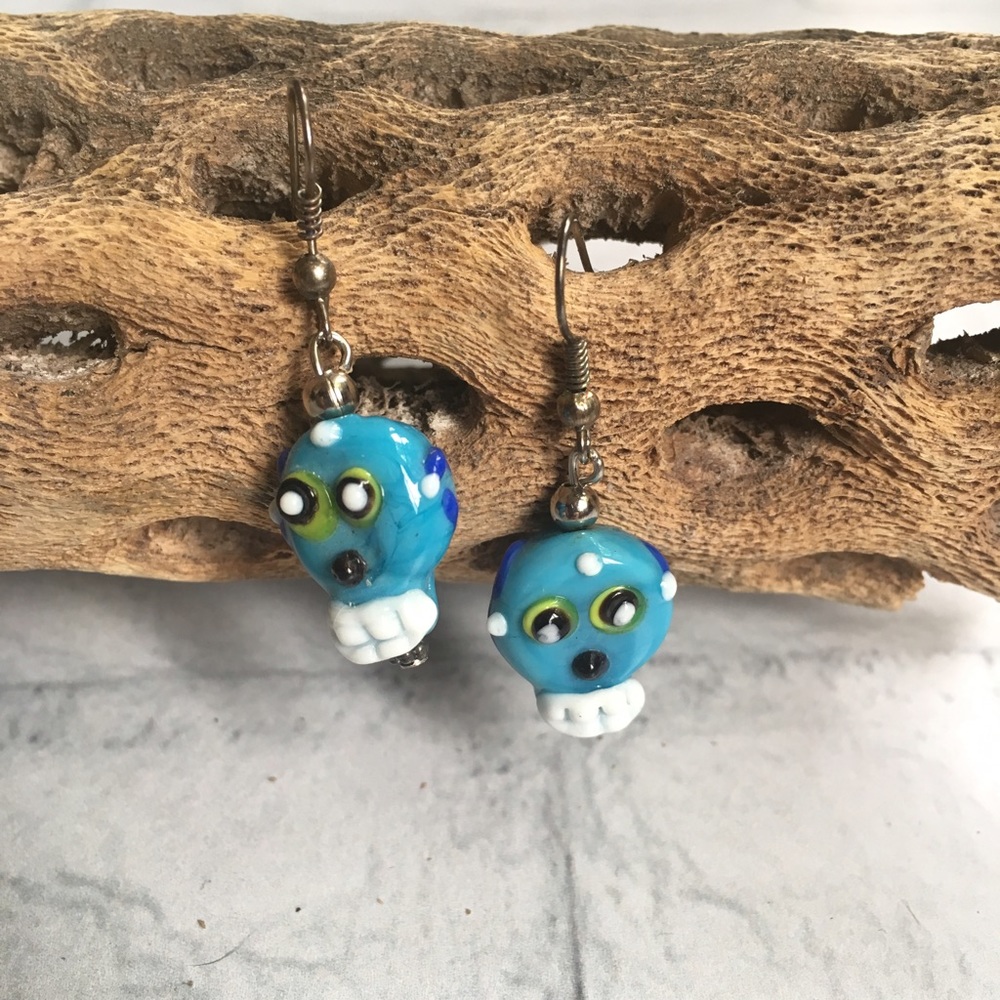 Blue glass sugar skull earrings