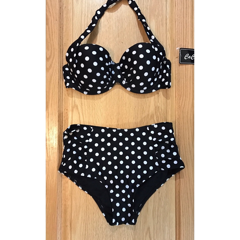 Black and white polka dot high waisted bikini