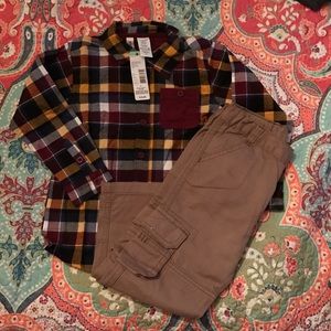 4t Flannel button down shirt and khaki pants.