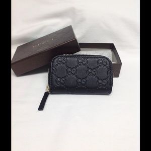 Gucci Black Leather GG Guccissima Mini Zip Around