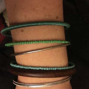 Set of 6 bangle bracelets - silver, wood and real