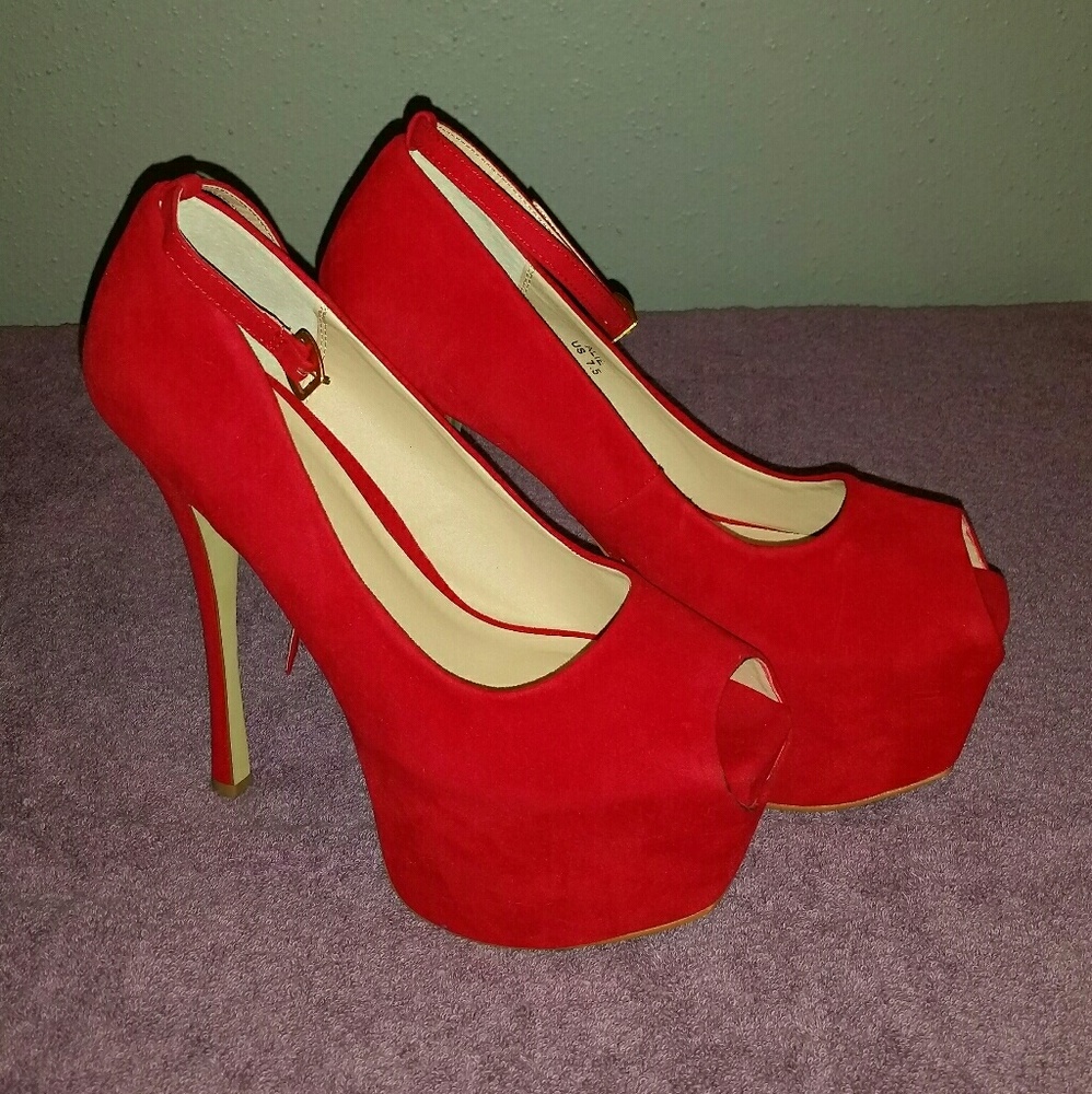 Red platform peep toe heels