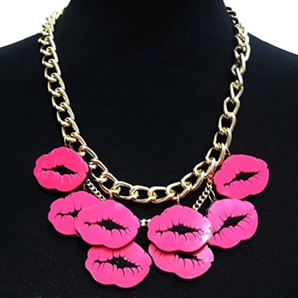 NWOT Gold and Pink Lips Funky Statement Necklace