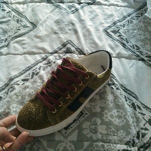 Gold glitter sneakers- burgundy/black accent