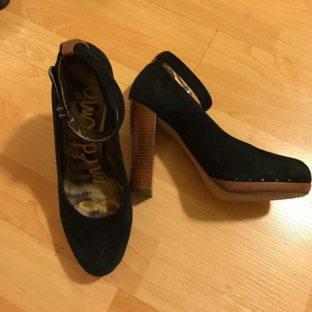 Sam Edelman black suede stock heel ankle strap