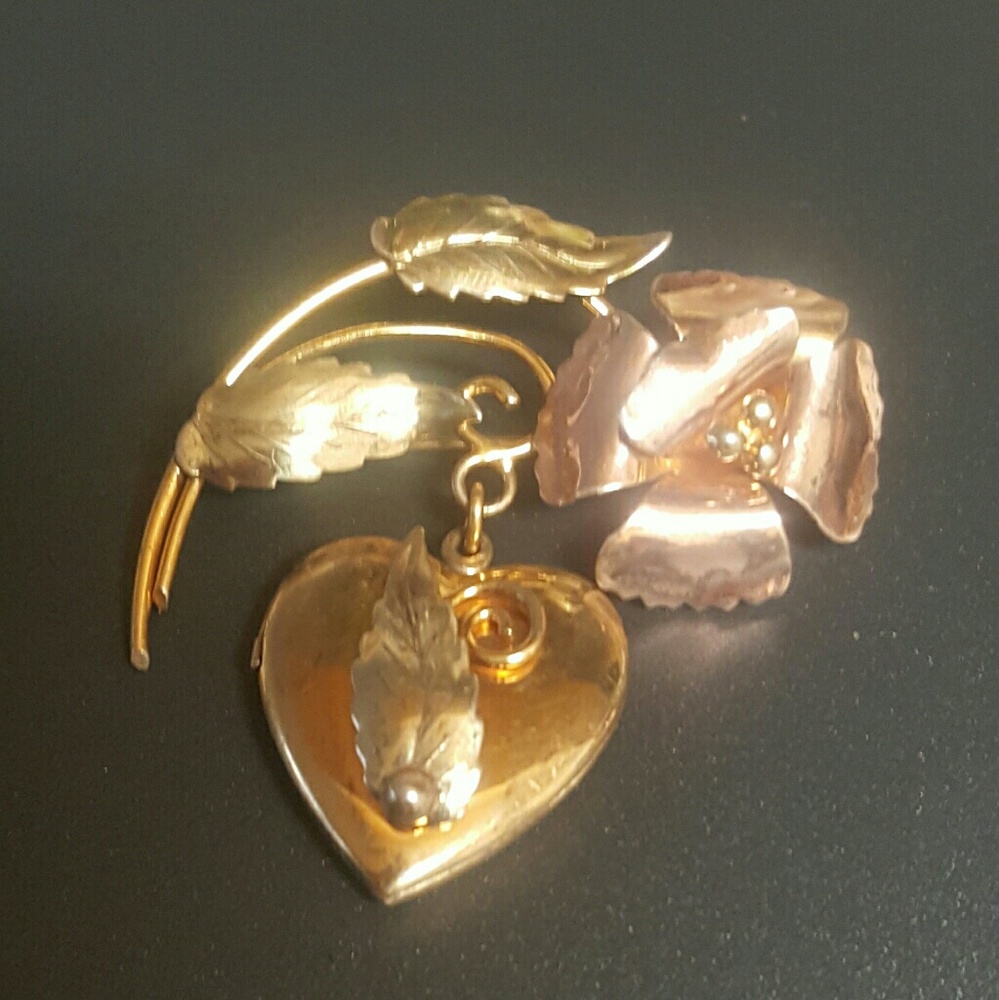 Sterling Rose & Heart Locket Brooch