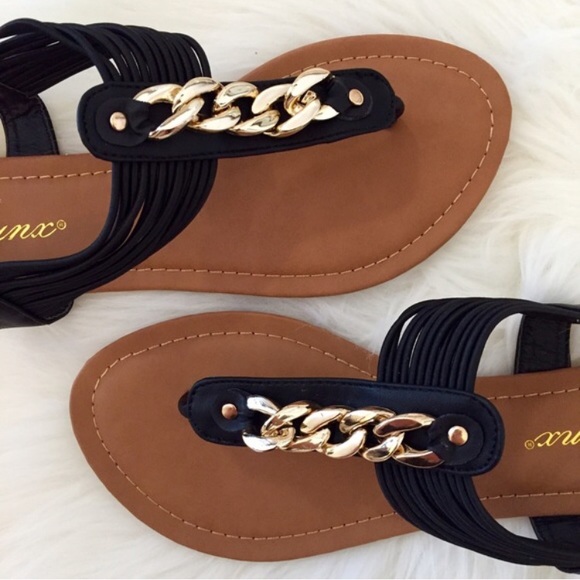 shopBossyJocey Shoes - •LAST 1• Gold Chain Black T-Strap Sandals