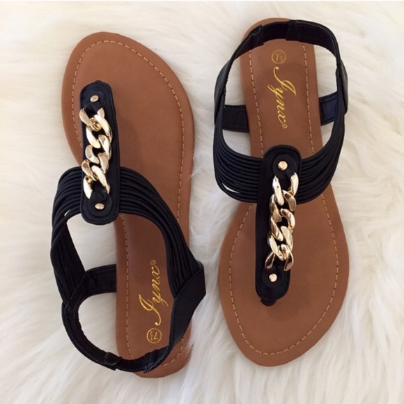 •LAST 1• Gold Chain Black T-Strap Sandals - Picture 3 of 4