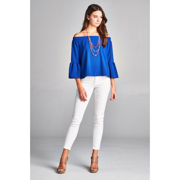 Royal Blue Bell Sleeve Off the Shoulder Top - Picture 2 of 2