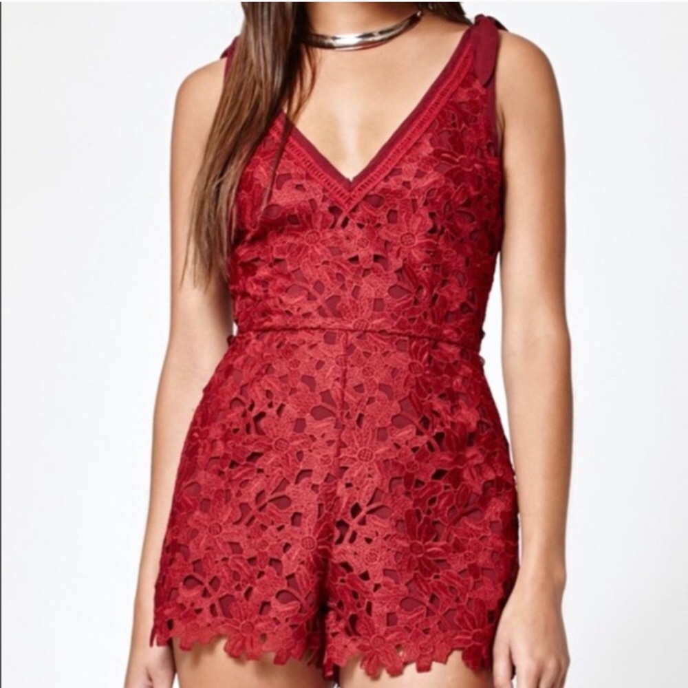 Red, deep vee neck romper