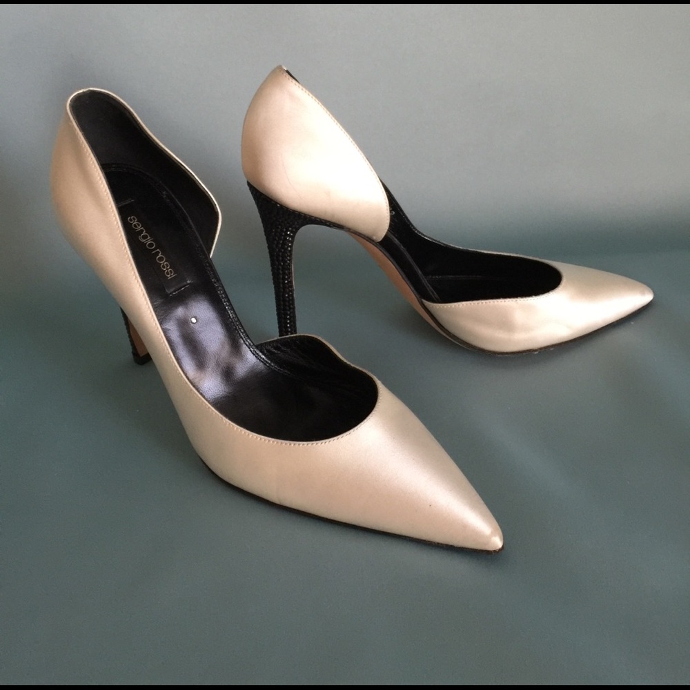 Sergio Rossi white satin rhinestone heels sz 38