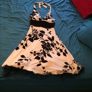 White black knee length halter dress