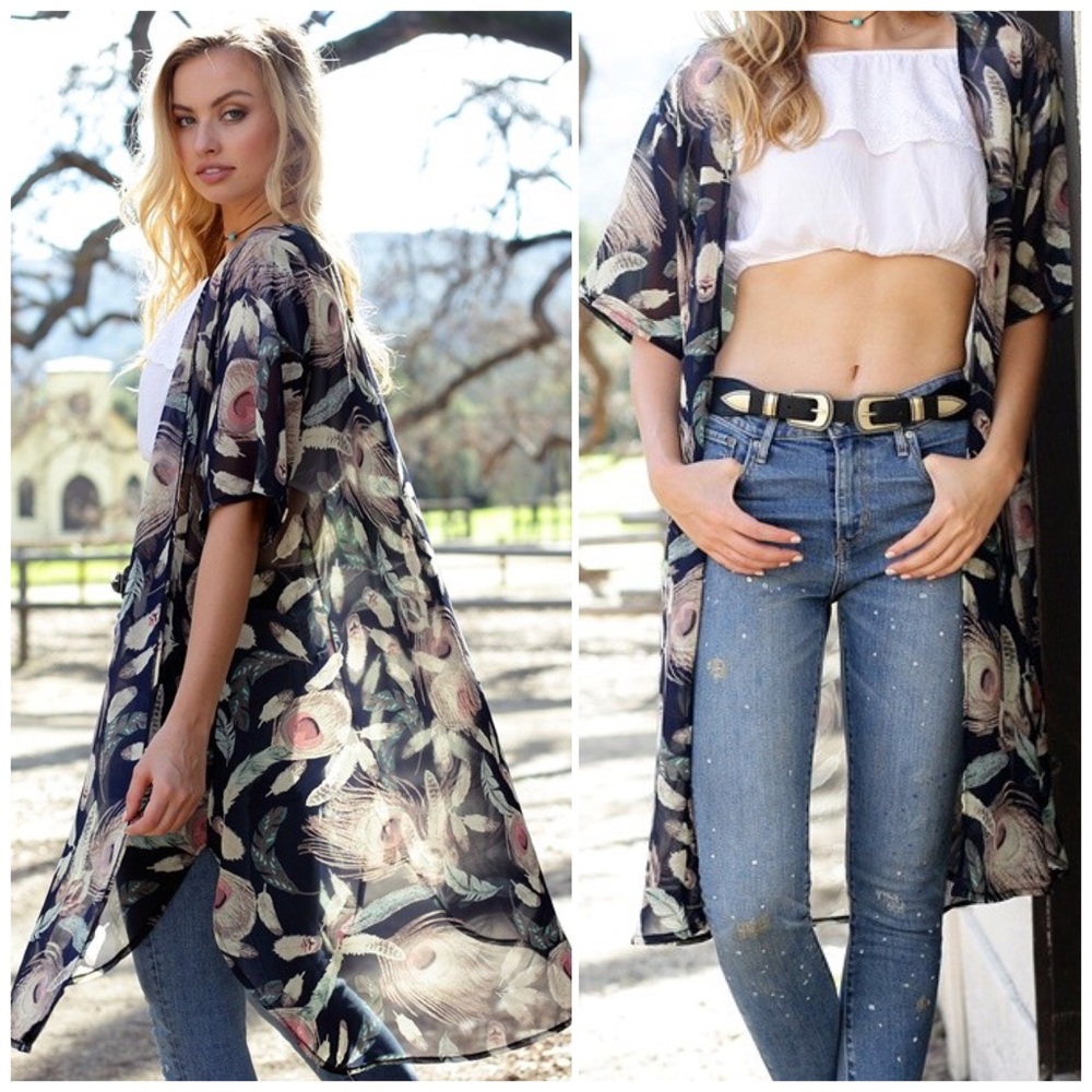 Feather Printed Kimono/ Cover Up - Picture 1 of 3