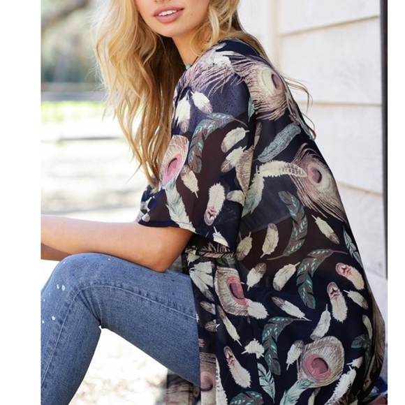 Feather Printed Kimono/ Cover Up - Picture 2 of 3