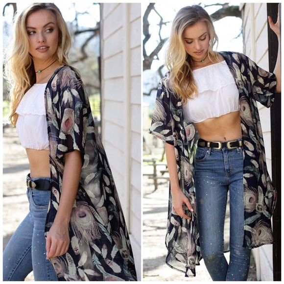 Feather Printed Kimono/ Cover Up - Picture 3 of 3