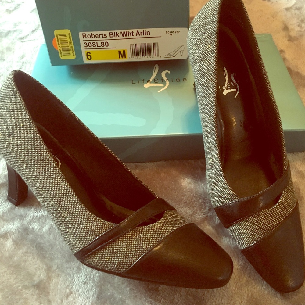Black & white tweed w/ black leather detail heels