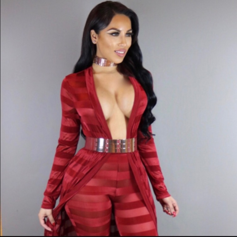 Two Piece Duster Legging Stripped Mesh Set - Picture 3 of 6