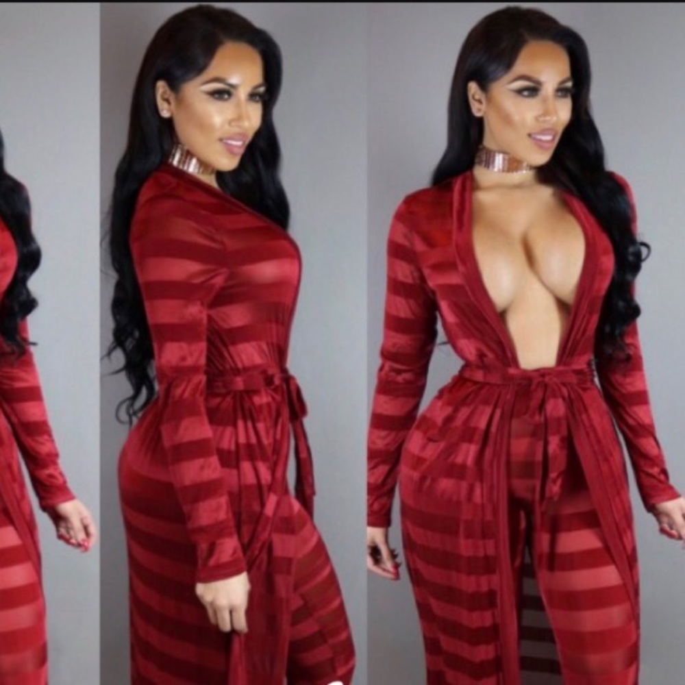Two Piece Duster Legging Stripped Mesh Set - Picture 4 of 6