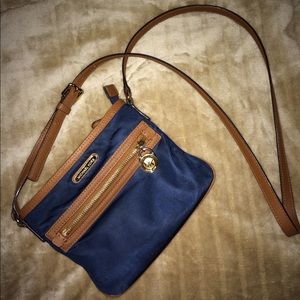 Michael Kors navy cross body bag tan and gold