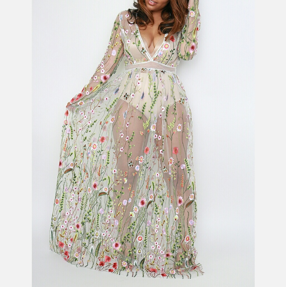 LOOKING FOR: Sheer Floral Embroidered Maxi Dress