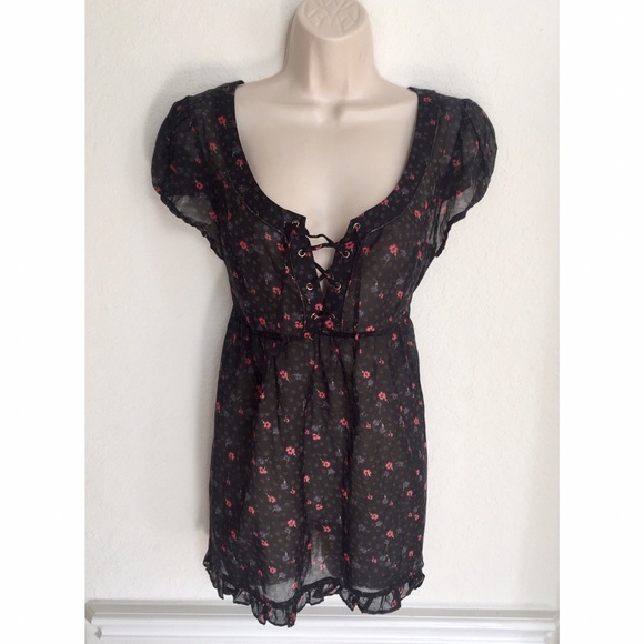 Free People Tops - Free People Black Sheer Lace Up Floral Blouse